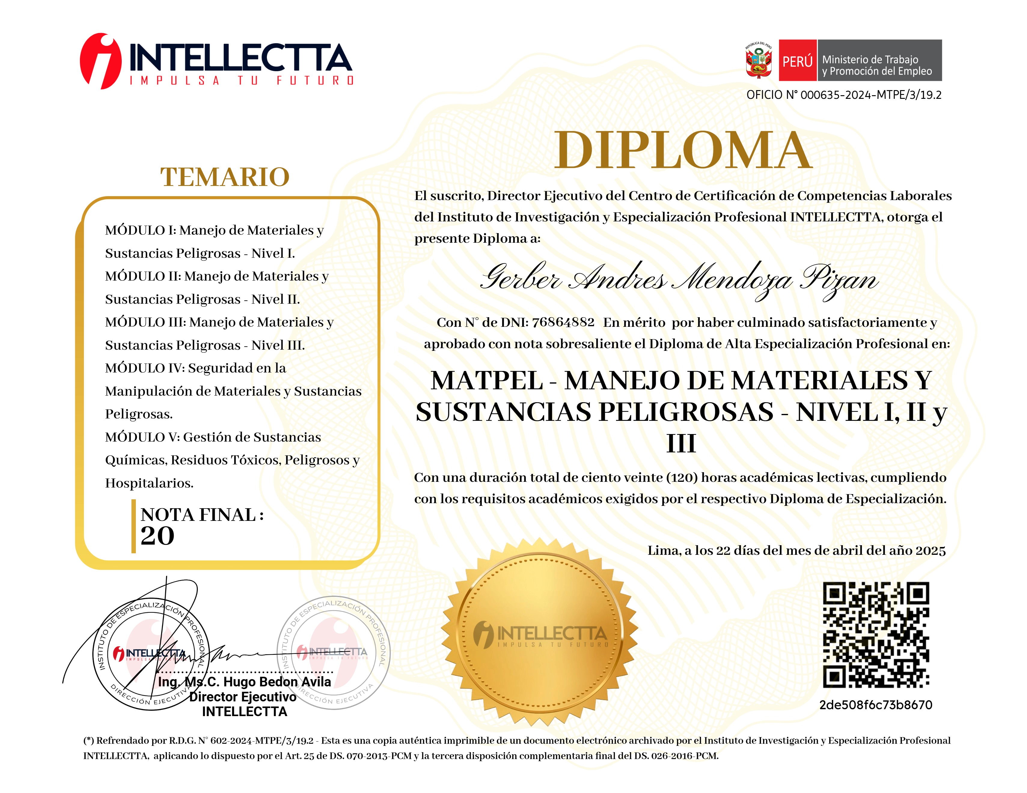 DIPLOMA ESPECIALIZADO EN MANEJO DE MATERIALES Y SUSTANCIAS PELIGROSAS – MATPEL NIVEL I, II Y III