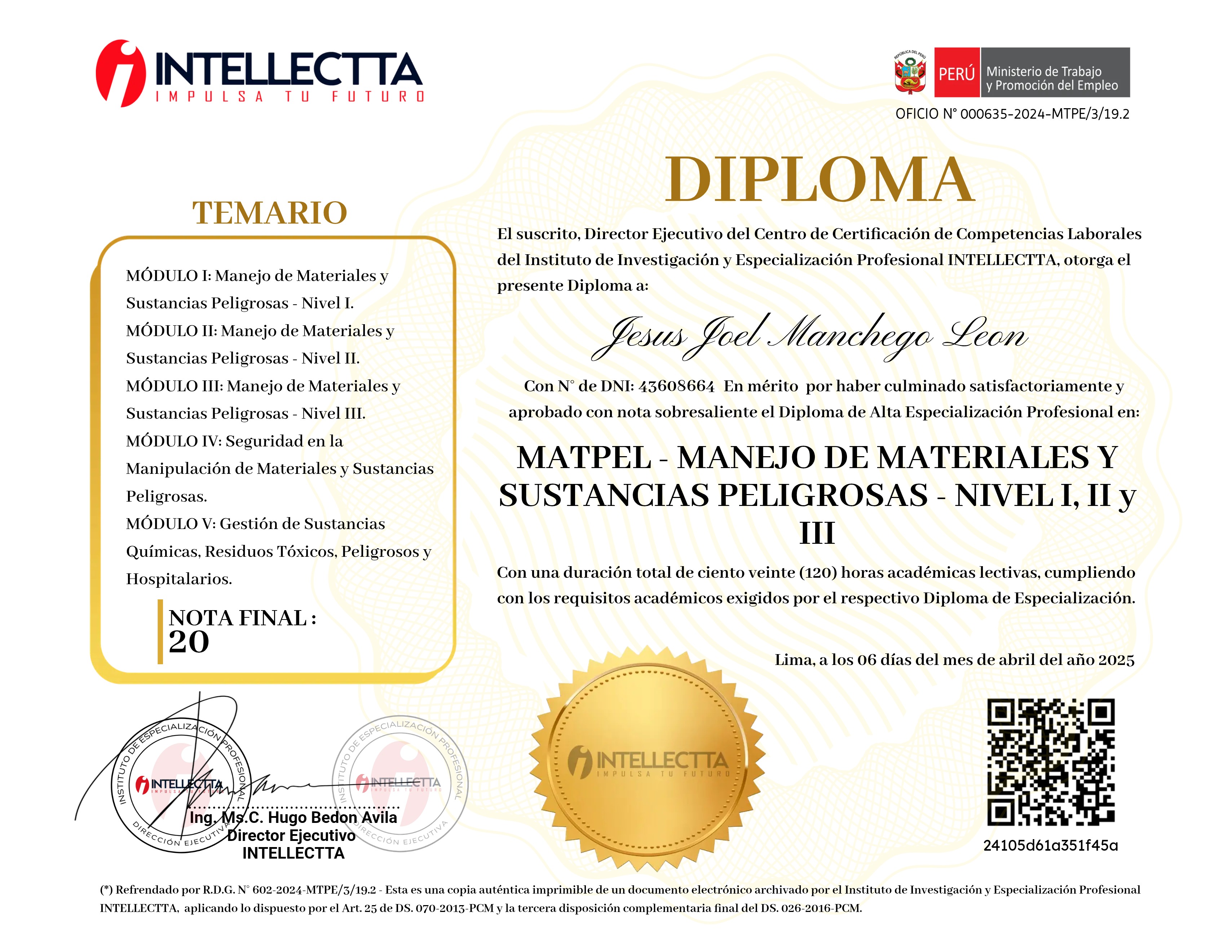 DIPLOMA ESPECIALIZADO EN MANEJO DE MATERIALES Y SUSTANCIAS PELIGROSAS – MATPEL NIVEL I, II Y III